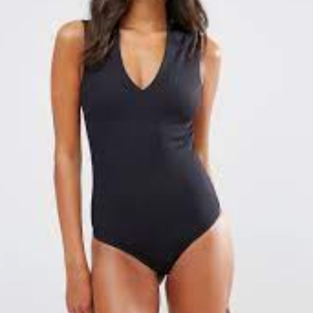 Y.A.S. ASOS COLLI RIBBED DEEP FRONT V-NECK STRETCH BODYSTOCKING BODYSUIT - M